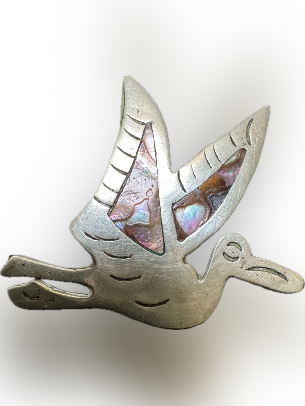 VINTAGE SILVER TONE PELICAN BROOCH ABALONE INLAY WINGS FLYING PIN Brown Cream